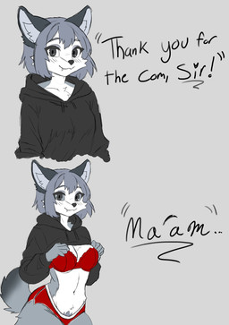 anthro blush bra breasts casual_exposure clothed clothing curvy_figure cute_fangs dialogue fangs female gender_confusion hoodie hourglass_figure inner_ear_fluff looking_at_viewer natural_breasts navel panties presenting raised_clothing raised_hoodie raised_topwear solo tail teeth topwear tuft underwear jako_art canid canine canis mammal wolf hi_res