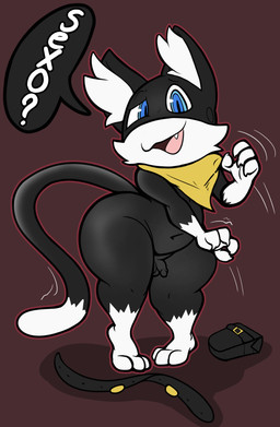 anthro balls big_butt black_body black_fur butt clothed clothing fur genitals humanoid_genitalia humanoid_penis inviting kerchief looking_at_viewer male male_anthro markings mask narrowed_eyes penis presenting prostitution requesting seductive sex_request shortstack shortstack_male simple_background smile solo tail tail_markings text white_body white_fur jjeoe atlus megami_tensei persona_(series) persona_5 sega morgana_(persona) domestic_cat felid feline felis mammal tuxedo_cat 2026 absurd_res digital_media_(artwork) hi_res