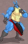 anthro big_muscles big_penis black_glans black_penis blue_body blue_fur bulge clothing fur genitals glans huge_muscles huge_penis hyper hyper_genitalia hyper_penis long_penis male muscular muscular_anthro muscular_male penis smile solo speedo swimwear somniumfox nintendo pokemon generation_4_pokemon lucario pokemon_(species) hi_res