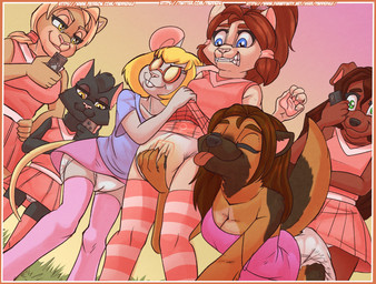 anthro blue_eyes bodily_fluids bottomwear brown_body brown_fur cheerleader cheerleader_outfit clothed clothing clothing_lift diaper electronics embarrassed exposed_diaper eyewear female fur genital_fluids glasses green_eyes grey_body grey_fur grope group kneeling outside phone pink_outfit purple_outfit raised_bottomwear raised_clothing raised_skirt skirt skirt_lift smug sunset tan_body tan_fur tongue tongue_out unclean_diaper urine used_diaper wet_diaper white_body white_fur yellow_eyes paddedulf elizabeth_(paddedulf) emily_(paddedulf) janette_(paddedulf) rebecca_(paddedulf) samantha_(paddedulf) canid canine canis domestic_cat domestic_dog felid feline felis lion mammal mouse murid murine pantherine rodent absurd_res hi_res