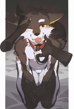 anthro bdsm black_nose claws clothed clothing collar disembodied_hand finger_claws headpat high-angle_view kemono looking_at_viewer male pawpads paws petplay petting pointy_ears roleplay sitting solo submissive submissive_male tongue tongue_out topless topless_anthro topless_male underwear underwear_only juo1 canid canine canis domestic_dog mammal hi_res