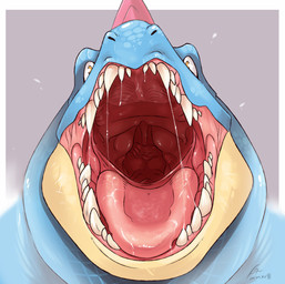 ambiguous_form ambiguous_gender blue_body bodily_fluids fangs glistening glistening_eyes grey_background looking_at_viewer mouth_shot open_mouth saliva saliva_string simple_background solo teeth throat tongue yellow_body yellow_eyes swampjaws nintendo pokemon crocodilian feraligatr generation_2_pokemon pokemon_(species) reptile scalie hi_res