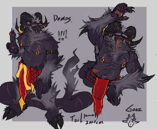 anthro armpit_hair belt body_hair bottomwear chest_hair clothing cloven_hooves ear_piercing hooves horn loincloth male multi_horn nipple_piercing nipples piercing scar solo tail tongue tongue_out underarm demonrat demos_(demonrat) bovid caprine goat mammal absurd_res hi_res
