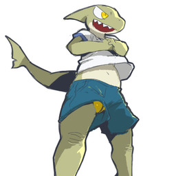 anthro bottomwear clothing fangs fingers fist_in_palm happy male navel open_mouth shirt shorts simple_background solo swimwear tail teeth topwear white_background white_clothing white_shirt white_topwear moesouna_gomi sicilia_(moesouna_gomi) aquatic fish lemon_shark requiem_shark shark 1:1 2026