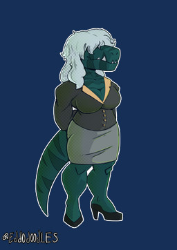 anthro big_breasts biped black_clothing black_footwear black_high_heels black_shirt black_topwear bottomwear breasts clothed clothed_anthro clothed_female clothing collared_shirt dress_shirt female footwear front_view grey_bottomwear grey_clothing grey_hair grey_skirt hair hair_over_eyes high_heels long_hair markings non-mammal_breasts outline pencil_skirt pose sharp_teeth shirt shoes simple_background skirt smile snaggle_tooth solo standing striped_markings stripes tail teal_body teeth text topwear transparent_background white_outline eddodoodle primal_(series) fang_(primal) dinosaur prehistoric_species reptile saurischian scalie theropod tyrannosaurid tyrannosauroid tyrannosaurus tyrannosaurus_rex 2026 absurd_res alpha_channel artist_name colored full-length_portrait hi_res portrait shaded