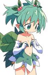 accessory adjusting_clothing armwear bare_shoulders cherry clothing dress elbow_gloves female flat_chested food fruit gloves green_clothing green_dress green_eyes green_hair green_wings hair hair_accessory handwear looking_down navel not_furry plant plant_wings short_hair simple_background solo twintails_(hairstyle) white_background white_clothing white_gloves white_handwear wings roku_no_hito shinrabanshou konoha fairy humanoid hi_res