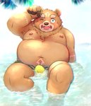 anthro belly big_belly brown_body brown_fur bulge clothing fur humanoid_hands kemono male moobs nipples one_eye_closed overweight overweight_anthro overweight_male palm_tree plant sitting solo swimwear tree water neco_no2 crave_saga gabu_(crave_saga) bear mammal 2023