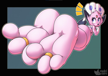 3_toes ambiguous_anthro ambiguous_gender anthro big_feet border butt digit_ring emanata eyelashes fangs feet foot_fetish foot_focus forehead_gem gem jewelry looking_at_viewer looking_back looking_back_at_viewer outline pink_body plantigrade ring soles solo tail teeth text toe_ring toes rodricoro nintendo pokemon kerolink generation_4_pokemon pokemon_(species) shiny_pokemon weavile artist_name colored shaded watermark