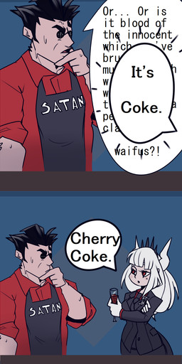 apron beverage black_hair clothed clothing cola dialogue drinking duo elegant eyewear female glass glasses hair hell horn humor long_hair male markings mole_(marking) not_furry open_mouth red_eyes shirt soda speech_bubble spiky_hair standing suit talking_to_another text text_on_apron text_on_clothing toony topwear white_hair white_horn meryiel helltaker lucifer_(helltaker) protagonist_(helltaker) demon demon_humanoid human humanoid mammal 2020 absurd_res comic english_text hi_res long_image tall_image