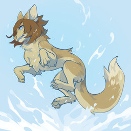 blue_eyes blue_sclera brown_body brown_fur brown_hair chest_tuft fangs female feral fur hair low-angle_view neck_tuft pupils quadruped simple_background slit_pupils solo splash tan_body tan_fur teeth tuft unsigned water corzh77 species_request 1:1 absurd_res hi_res