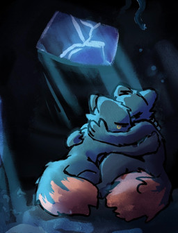 4_fingers ambiguous_gender anthro black_body black_fur bodily_fluids colored_tears dark digitigrade dipstick_tail duo eyes_closed fingers fur glowing_object group huddled hug markings orange_tail_tip sad tail tail_markings tears trio underground unusual_bodily_fluids unusual_tears yellow_tears wickflix casualties:_unknown expie_(gunsawian) gunsawian hi_res