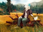 5_fingers anthro black_nose clothed clothing day detailed_background fingers fur male outside sky smile solo white_body white_fur shalinka skoll_(wolf-skoll) canid canine canis mammal wolf 2021 digital_media_(artwork)