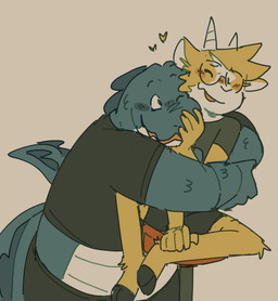 5_fingers anthro anthro_on_anthro belly black_bottomwear black_clothing black_shirt black_topwear blush bottomwear canon_couple clothed clothed_anthro clothed_male clothing eyewear fingers fur glasses green_body green_scales hand_on_snout heart_symbol hooves horn hug hugging_another hugging_from_behind hugging_partner interspecies_romance love male male/male one_eye_closed open_mouth overweight overweight_anthro overweight_male romantic romantic_couple scales shirt simple_background sitting size_difference tail topwear yellow_body yellow_fur doginacafe duncan_and_eddie duncan_(doginacafe) eddie_(doginacafe) bovid caprine crocodile crocodilian goat mammal reptile scalie 2025 hi_res