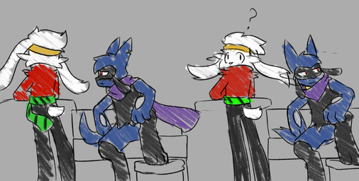 ambiguous_gender anthro biped black_eyes blue_body blue_fur blue_tail duo floppy_ears fur looking_at_another looking_back motion_lines paws pokemorph purple_scarf question_mark red_body red_eyes red_fur scarf sitting standing tail white_body white_fur white_sclera novaarts nintendo pokemon pokemon_mystery_dungeon spike_chunsoft hopps_(novaarts) lu_(novaarts) generation_4_pokemon generation_8_pokemon pokemon_(species) raboot riolu 2025 hi_res female_(lore) male_(lore)
