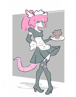 anthro apron bangs breasts clothed clothing dirty_apron female food footwear fur hair hand_behind_back high_heels holding_plate legwear looking_at_viewer maid_apron maid_headdress maid_uniform muffin notched_ear pink_hair ponytail rat_tail shoes smile solo stockings tail text torn_clothing uniform white_body yellow_eyes mardymuntjak renfri_(mardymuntjak) mammal murid murine rat rodent 2026 artist_name digital_media_(artwork) hi_res