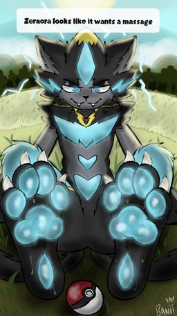 anthro bodily_fluids electricity feet foot_fetish foot_focus grass light looking_at_viewer male pawpads paws plant pokeball seductive sitting sitting_on_ground solo speech_bubble sunlight sweat text nintendo pokemon pokemon_legends_z-a felid feline generation_9_pokemon legendary_pokemon mammal mega_evolution mega_zeraora pokemon_(species) 9:16 hi_res