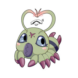 antennae_(anatomy) blue_eyes blush claws feral gesture green_body heart_gesture male mandibles solo ain_artisto bandai_namco digimon digimon_(species) wormmon 1:1 absurd_res hi_res