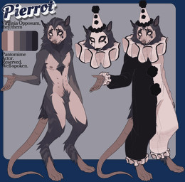 8_nipples ambiguous_gender anthro body_hair chest_hair chest_tuft claws clothed clothing clown clown_costume clown_hat clown_makeup clown_paint color_swatch countershading facial_markings feet fur gloves_(marking) grey_body grey_fur hat head_markings headgear headwear makeup markings mask multi_nipple nipples pierrot pierrot_costume pink_feet pink_hands pink_nose pubes solo striped_body striped_fur striped_markings stripes tail tan_body tan_fur tear_(marking) text three-quarter_view tuft wearing_mask princefizz pierrot_(princefizz) american_opossum mammal marsupial virginia_opossum absurd_res alpha_channel flat_colors hi_res model_sheet nonbinary_(lore)