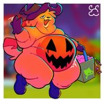 ambiguous_gender anthro bag belly belly_overhang big_belly bodypaint boots candy clothing dessert double_chin fangs food footwear gloves handwear hat headgear headwear holidays jack-o'-lantern obese obese_anthro open_mouth open_smile overweight overweight_anthro painted_belly pumpkin_belly shoes smile solo teeth trick-or-treating witch_costume witch_hat spleeep halloween moshi_monsters katsuma katsuma_(species) mammal monster_(moshi_monsters)