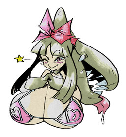 big_breasts black_hair blush bodily_fluids bra breasts clothing drooling eyelashes fangs female hair huge_breasts long_hair looking_at_viewer open_mouth pink_bra pink_clothing pink_underwear saliva sharp_teeth simple_background smile solo star teeth tongue tongue_out underwear white_background slb don't_attack_me_mawile nintendo pokemon generation_3_pokemon humanoid mawile pokemon_(species) 2026 hi_res meme