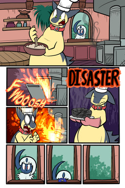 7_panel_comic ambiguous_gender bag being_watched black_nose burning chef_hat clothing collar cooking duo eyebrows eyelashes eyes_closed feral fire forehead_gem fur furnace gem green_eyes hair handwear hat headgear headwear holding_plate horn inside kitchen looking_at_another mittens mouth_closed neck_tuft open_mouth open_smile open_window page_number plate red_collar red_eyes sharp_teeth shelf smile smoke sound_effects teeth text tongue toony tuft white_body white_fur white_hair white_sclera window virmir nintendo pokemon pokemon_mystery_dungeon spike_chunsoft absol generation_2_pokemon generation_3_pokemon pokemon_(species) typhlosion 2025 2:3 absurd_res comic english_text hi_res signature