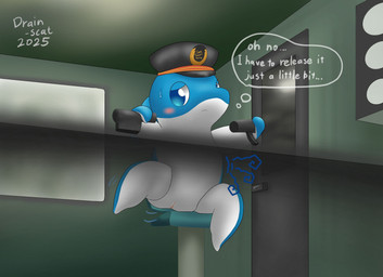 animal_genitalia anthro blue_body blue_eyes clothing conductor conductor_hat genital_slit genitals hat hat_only headgear headgear_only headwear headwear_only inside male mostly_nude multicolored_body one_leg_up raised_leg rumbling_stomach sitting solo subway text train train_conductor two_tone_body vehicle white_body drain_scat rinkaru cetacean dolphin mammal marine toothed_whale 2025 english_text hi_res