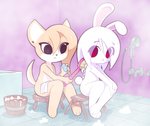 anthro bathing bathroom big_eyes casual_nudity duo female fur orange_body orange_fur shower_head white_body white_fur starbirbz carrots_(starbirbz) maddy_(starbirbz) canid canine canis domestic_dog lagomorph leporid mammal rabbit 2020 absurd_res hi_res