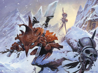 ambiguous_gender bone building claws crouching day detailed_background holding_melee_weapon holding_object holding_weapon melee_weapon mountain not_furry outside red_body red_scales scales skull snow snowing solo weapon wayne_reynolds hasbro magic:_the_gathering wizards_of_the_coast goblin humanoid 2016 4:3 official_art traditional_media_(artwork)