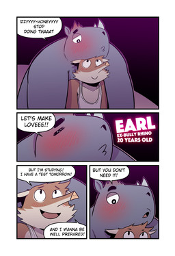 anthro arms_around_partner big_arms blush brown_body clothing dialogue duo eyes_closed facial_horn grey_body head_on_head horn inviting_to_sex looking_down looking_up male male/male name_in_dialogue nervous nose_horn shirt size_difference smile smirk speech_bubble tank_top text topwear t0l0k earl_(t0l0k) izzy_(t0l0k) mammal rhinoceros sengi character_name comic english_text hi_res multiple_scenes