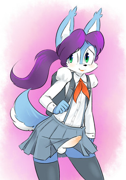 anthro backpack balls biped blue_body blue_eyes blue_fur blush bottomwear clothed clothing crossdressing ear_tuft erection femboy foreskin fur genitals green_eyes hair legwear lipstick long_hair looking_away makeup male multicolored_eyes necktie penis penis_poking_out ponytail purple_hair randoseru school_uniform shirt shy skirt smile solo stockings thigh_highs tight_foreskin topwear tuft uniform white_body white_fur sparkydb sparkydb_(character) canid canine canis domestic_dog fox husky hybrid mammal nordic_sled_dog spitz 2015