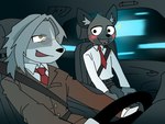 4:3 aggretsuko anthro blush bottomwear canid canine canis clothing collared_shirt director_himuro domestic_dog driving duo eyewear fur glasses grey_body grey_fur grey_hair haida_(aggretsuko) hair hi_res hunting_dog hyena long_hair male mammal necktie open_mouth pants pb-art red_necktie saluki sanrio sighthound spotted_hyena suit teeth yellow_sclera