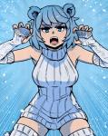 arm_warmers armwear big_breasts blue_eyes blue_hair breasts clothed clothing female hair legwear open_mouth ribbed_clothing ribbed_sweater short_hair solo sweater teeth thigh_highs topwear akairiot frostbite-chan animal_humanoid bear humanoid mammal mammal_humanoid ursid_humanoid hi_res