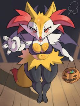 anthro belly blush bodily_fluids bottomless bottomless_anthro bra breasts candy_bucket cheek_tuft claws cleavage clothed clothing costume facial_tuft fake_horns fake_wings female fluffy_ears fur holidays looking_at_viewer navel orange_eyes red_body red_fur saliva solo tongue tongue_out tuft underwear white_body white_fur wide_hips yellow_body yellow_fur yarney halloween nintendo pokemon braixen canid canine generation_6_pokemon mammal pokemon_(species) 2025 absurd_res hi_res
