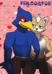 anthro beak belt biceps black_nose blue_body blue_eyes blue_feathers bottomwear brown_body brown_fur chest_tuft clothed clothing duo feathers fur green_eyes grin hand_holding heart_symbol love male male/male muscular pants pecs pose romantic romantic_ambiance romantic_couple simple_background smile standing tan_body tan_fur topless tuft white_body white_fur kiki-uma nintendo star_fox falco_lombardi fox_mccloud avian bird canid canine fox mammal 2013 digital_drawing_(artwork) digital_media_(artwork) hi_res shaded soft_shading