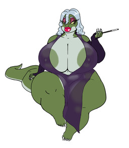 anthro areola areola_slip barefoot big_breasts biped breasts brown_eyes cigarette cigarette_holder cleavage clothed clothing curvy_figure dress eyeshadow feet female green_areola green_body green_nipples green_scales grey_hair hair half-closed_eyes holding_object huge_breasts lips lipstick makeup mature_anthro mature_female narrowed_eyes nipple_outline nipples non-mammal_breasts pink_eyeshadow pink_lips pink_lipstick scales simple_background sitting smoking solo thick_thighs translucent translucent_clothing voluptuous white_background wide_hips yellow_sclera vdisco nia_(eurasia21xx) komodo_dragon lizard monitor_lizard reptile scalie 2018 hi_res