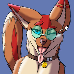 ambiguous_gender blue_eyes blue_gem blue_lens cheek_tuft chin_piercing collar ear_piercing eyebrows eyewear facial_tuft feral fluffy fluffy_chest fur gem glasses gold_(metal) inner_ear_fluff jewelry looking_at_viewer multicolored_body multicolored_fur name_tag neck_tuft one_eye_closed open_mouth open_smile orange_body orange_fur pale_fur piercing pink_tongue raised_tail red_body red_eyebrows red_fur silver_(metal) silver_jewelry simple_background smile solo star_wink stud_piercing tail teeth tongue tuft wearing_glasses white_sclera wink winking_at_viewer burnyburnstein tenpi_(burnyburnstein) canid canine fox mammal red_fox true_fox 1:1 hi_res