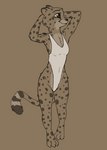 anthro arm_tuft breasts brown_background chest_tuft claws clothing elbow_tuft female fur hands_behind_head markings one-piece_swimsuit simple_background small_breasts smile solo spots spotted_body spotted_fur standing swimwear toe_claws tuft tggeko disney zootopia kii_catano cheetah felid feline mammal restricted_palette