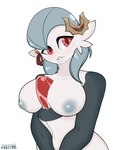 accessory bell big_breasts breasts female grey_hair hair inverted_nipples nipples not_furry red_eyes silver_areola silver_nipples solo white_body just_mae nintendo pokemon fan_character testament_(solar_kosmo) gardevoir generation_3_pokemon humanoid pokemon_(species) 2022 hi_res signature