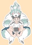 anthro blep bottomwear clothing duo electronics game_console gaming male male/male shorts tongue tongue_out fukafukaonigiri asian_mythology east_asian_mythology japanese_mythology lifewonders mythology nintendo nintendo_switch tokyo_afterschool_summoners bandaid_protagonist_(tas) oguchi_magami_(tas) protagonist_(tas) canid canine canis human mammal wolf hi_res