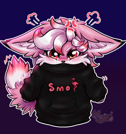 angry anthro big_ears black_clothing black_sweater black_topwear blush clothing cross-popping_vein female fur hair looking_at_viewer oversized_clothing pink_body pink_fur red_eyes solo sweater tail topwear white_body white_fur white_hair mizukithia vtuber foxy_(foxyfursure) avian bird canid canine fennec_fox flamingo fox mammal true_fox absurd_res hi_res
