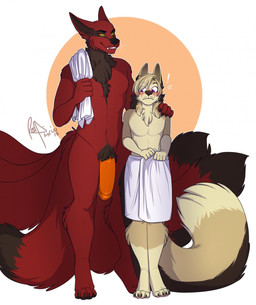 anthro big_penis blush chest_tuft clothed clothing duo exclamation_point flaccid fluffy fluffy_tail foreskin fur genitals huge_penis humanoid_genitalia humanoid_penis looking_at_genitalia looking_at_penis male male/male nude partially_clothed partially_retracted_foreskin penis penis_awe pubes red_body red_fur simple_background size_difference smile surprised tail topless towel tuft white_background yellow_eyes redpixie osiris_henschel canid canine fox mammal 2018 hi_res