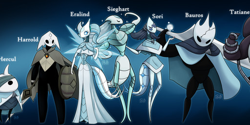 2_horns anthro arthropod_abdomen biped black_body black_eyes blue_eyes clothed clothing empty_eyes female group hair holding_melee_weapon holding_object holding_shield holding_weapon horn jewelry male melee_weapon multi_leg multi_limb name_drop necklace one_eye_obstructed pose shield sparkles standing text weapon white_text wings latiar sol-lar-bink hollow_knight_(franchise) team_cherry eralind_(latiar) fan_character harrold_(latiar) arthropod 2026 absurd_res english_text hi_res