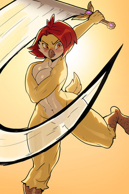 anthro attack blush breasts convenient_censorship covering covering_breasts embarrassed feathers female hair melee_weapon navel nude red_hair slight_blush solo sword weapon yellow_body yellow_feathers aarondrawsarts abigail_anderson avian hi_res