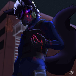 anthro black_body black_fur blood blood_on_face blood_on_hand bodily_fluids bulletproof_vest fur gas_mask glowing glowing_eyes hair light long_tail male mask moonlight multicolored_body multicolored_fur night purple_eyes solo tactical tactical_gear tail white_body white_fur white_hair jakesart canid canine canis mammal wolf