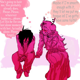 anthro antlers blush bottomwear clothing depressing duo female freckled_face freckles hair horn larger_female leaning leaning_forward long_hair male male/female nervous nervous_smile sad sitting size_difference skirt smaller_male text thought_bubble krisdpizza deltarune undertale_(series) kris_dreemurr noelle_holiday cervine deer human mammal 1:1 english_text hi_res