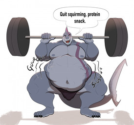abdominal_bulge anthro barbell belly big_belly bodily_fluids bulge dialogue drooling exercise grey_body huge_belly male male_pred rumbling_stomach saliva sharp_teeth struggling struggling_prey teeth text vore weightlifting workout 13uckaroo aquatic fish shark english_text hi_res