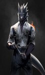 anthro clothing collared_shirt dirty dirty_clothing dress_shirt holding_object holding_weapon holding_wire male prohibition_era shirt solo suspenders topwear weapon thewyvernsweaver last_fables the_slayer_(last_fables) canid canine canis mammal wolf absurd_res hi_res