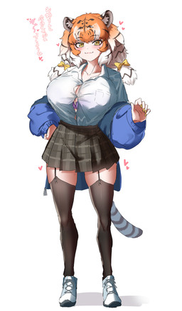 5_fingers accessory animal_ears animal_tail big_breasts blue_clothing blue_jacket blue_topwear blush bottomwear bra breasts bulging_breasts clothed clothing collarbone collared_shirt colored_nails disproportunate_breasts dress_shirt exposed_bra exposed_breasts eyebrow_through_hair eyebrows eyelashes fair_skin female fingers fluffy fluffy_hair footwear front_view glistening glistening_eyes glistening_hair hair hair_accessory hand_on_hip heart_symbol inner_ear_fluff jacket lace_bra legwear looking_at_viewer markings multicolored_hair nails open_clothing open_jacket open_topwear pleated_skirt popping_buttons purple_bra purple_clothing purple_underwear school_uniform sharp_nails shirt shoes simple_background skirt small_waist smile sneakers solo squish standing stockings striped_markings striped_tail stripes tail tail_markings text thigh_squish thin_legs tiger_ears tiger_tail tight_clothing tight_topwear topwear translucent translucent_hair tuft underwear uniform wardrobe_malfunction white_background white_clothing white_footwear white_shirt white_shoes white_topwear yellow_accessory yellow_bow yellow_eyes yellow_nails prv4ner kemono_friends siberian_tiger_(kemono_friends) animal_humanoid felid felid_humanoid feline feline_humanoid humanoid mammal mammal_humanoid pantherine siberian_tiger tiger absurd_res colored full-length_portrait hi_res japanese_description japanese_text portrait shaded sketch