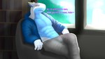 anthro clothed clothing inside looking_at_viewer male muscular muscular_male nipples open_clothing open_shirt open_topwear pecs relaxing shirt sitting smile smiling_at_viewer solo text topwear enokimaru ikone_(enokimaru) fish marine shark 16:9 4k absurd_res english_text hi_res widescreen