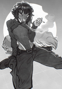 abstract_background ambiguous_gender anthro belt biped bottomwear cigarette clothed clothing facial_piercing footwear fully_clothed fur hair kneeling leotard looking_at_viewer nose_piercing pants piercing shoes solo tail text azuza mammal mephitid skunk digital_drawing_(artwork) digital_media_(artwork) english_text greyscale hi_res monochrome signature